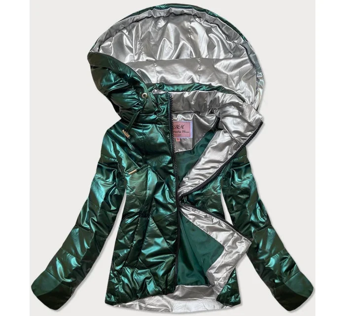 Krátka lesklá dámska bunda v fľaškovo zelenej farbe (W586)