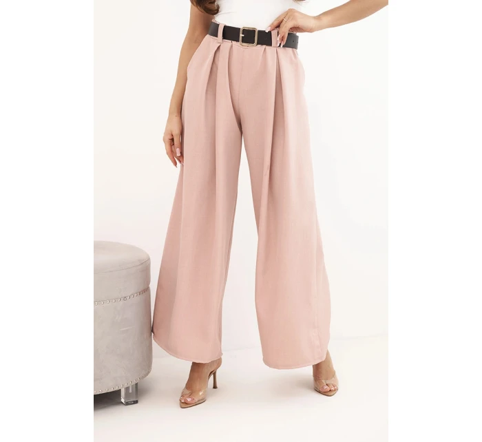Dámske nohavice so širokými nohavicami a opaskom tmavo púdrovo ružovej farby