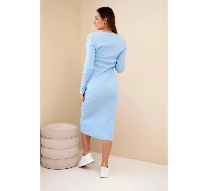 Dámská bavlněná šaty s dlouhým rukávem a knoflíkovým výstřihem modrá