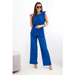 Dámsky viskózový plisovaný komplet s blúzkou a širokými nohavicami v chrpovej farbe