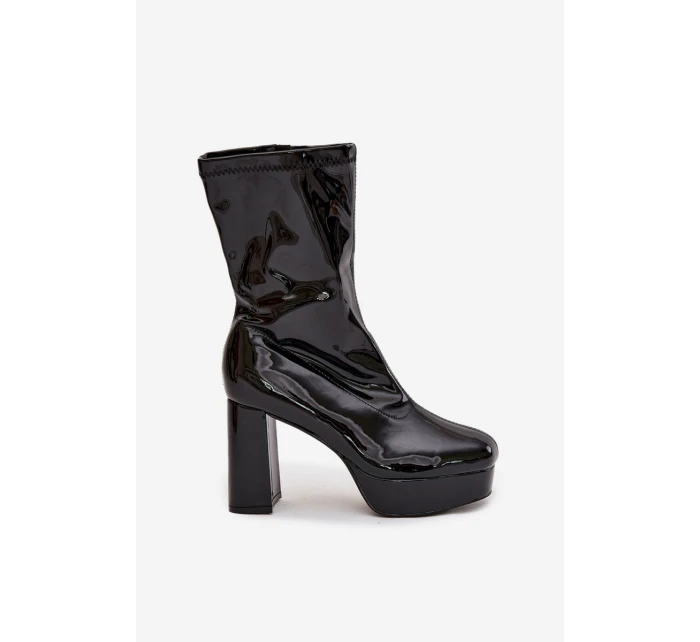 Lakierowane Botki Damskie Na Platformie I Słupkowym Obcasie Czarne Calvessa Lakierowane Botki Damskie Na Platformie I Słupkowym Obcasie Czarne Calvessa