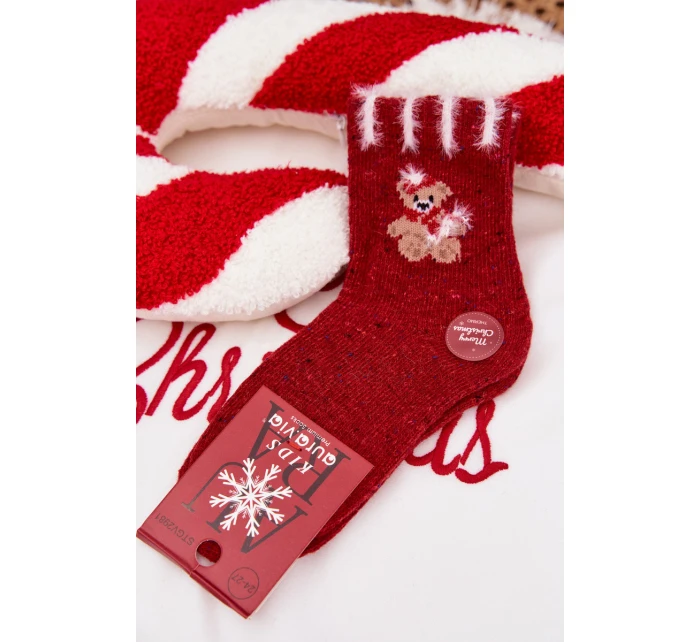 Dětské Vánoční Ponožky S Medvídkem Alpaka Vlna Červené Dětské Vánoční Ponožky S Medvídkem Alpaka Vlna Červené