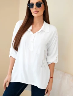 Dámska viskózna blúzka s golierom a zirkónovou potlačou biela