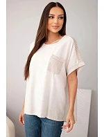 Dámská bavlněná oversize halenka s kapsou a síťovinou béžová Dámská bavlněná oversize halenka s kapsou a síťovinou béžová