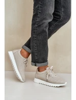 Skórzane Buty Sportowe Na Platformie Z Brokatem D&A LR51-629 Beżowe