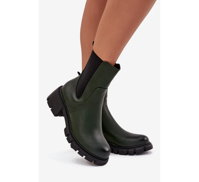Botki Damskie Na Klocku Eko Skórzane Ciemnozielone Kyra Botki Damskie Na Klocku Eko Skórzane Ciemnozielone Kyra