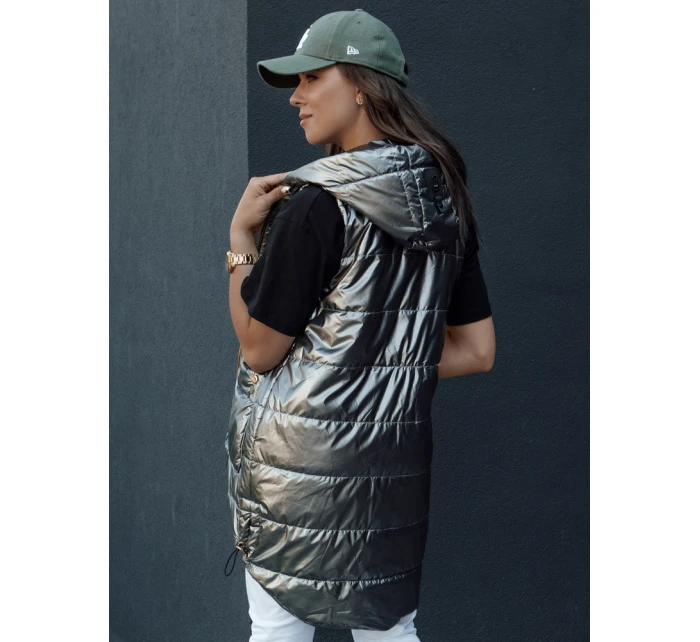 Dámská prošívaná dlouhá vesta s kapucí tmavě šedá Dstreet model 21979290 - FashionStreet