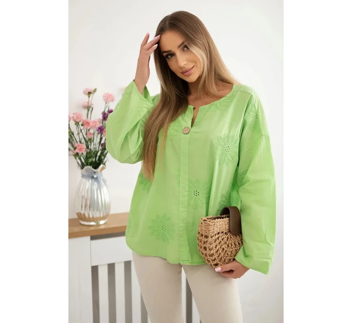Košeľová blúzka s vyšívaným vzorom jasne zelená Košeľová blúzka s vyšívaným vzorom jasne zelená
