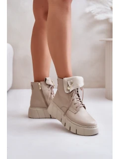 Zazoo 60511 Skórzane Botki Damskie Na Platformie Ocieplane Beżowe