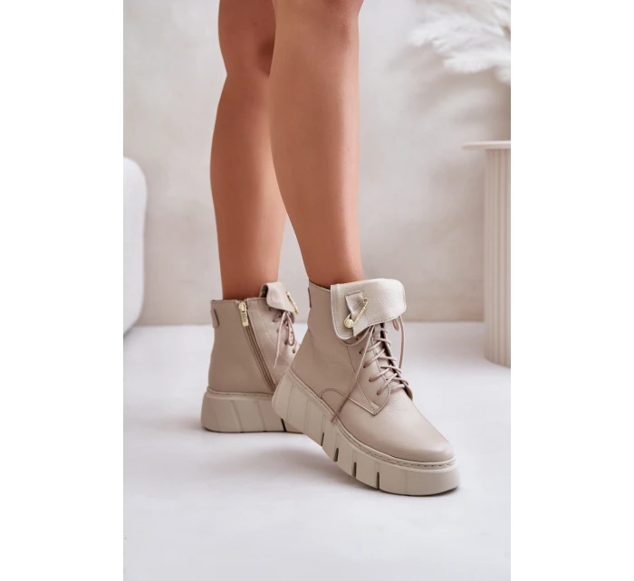 Zazoo 60511 Skórzane Botki Damskie Na Platformie Ocieplane Beżowe Zazoo 60511 Skórzane Botki Damskie Na Platformie Ocieplane Beżowe