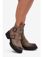 Skórzane Ocieplane Botki Damskie Z Klamrami I Ozdobnym Detalem Zazoo 60482 Ciemnobeżowe