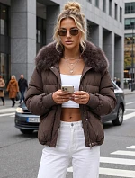 Dámska zimná prešívaná bunda s kožušinou, hnedá, FashionStreet TY5819