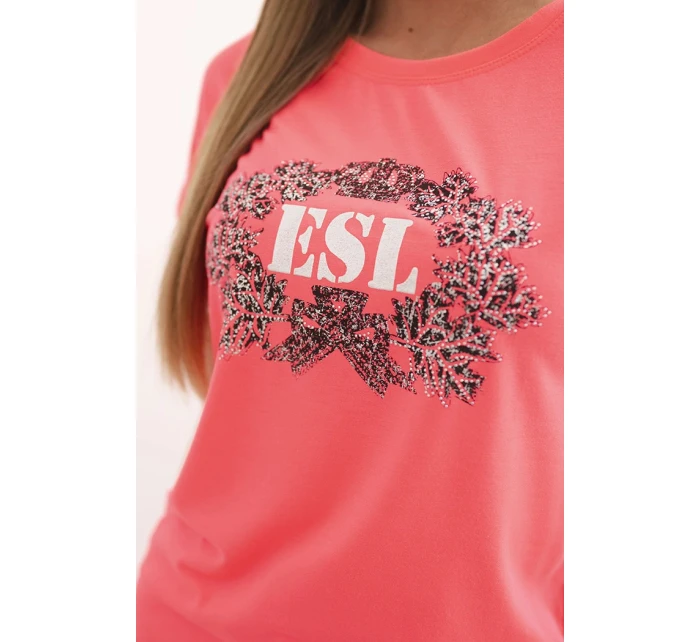 Dámska bavlnená blúzka s ozdobnou potlačou ESL pink neon