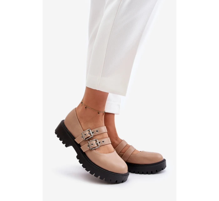 Półbuty Damskie Z Paskami Eko Skórzane Beżowe Terione Półbuty Damskie Z Paskami Eko Skórzane Beżowe Terione