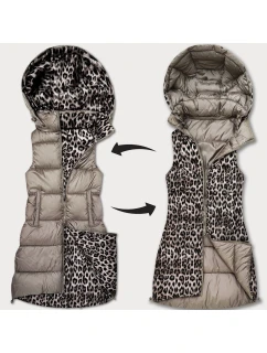 Béžová hrubšia obojstranná vesta so vzorom pantera a odnímateľnou kapucňou (T5-2602#-62)