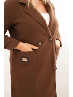 Dámsky elegantný kabát s golierom a veľkými vreckami čokoládová