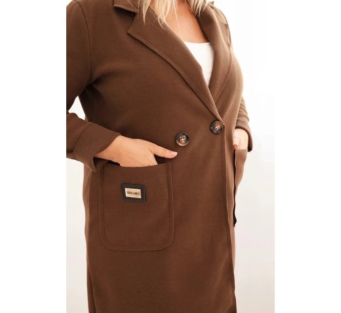 Dámsky elegantný kabát s golierom a veľkými vreckami čokoládová