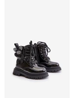 Zateplené dívčí botky s medvídkem na zip lakované černé Relobia