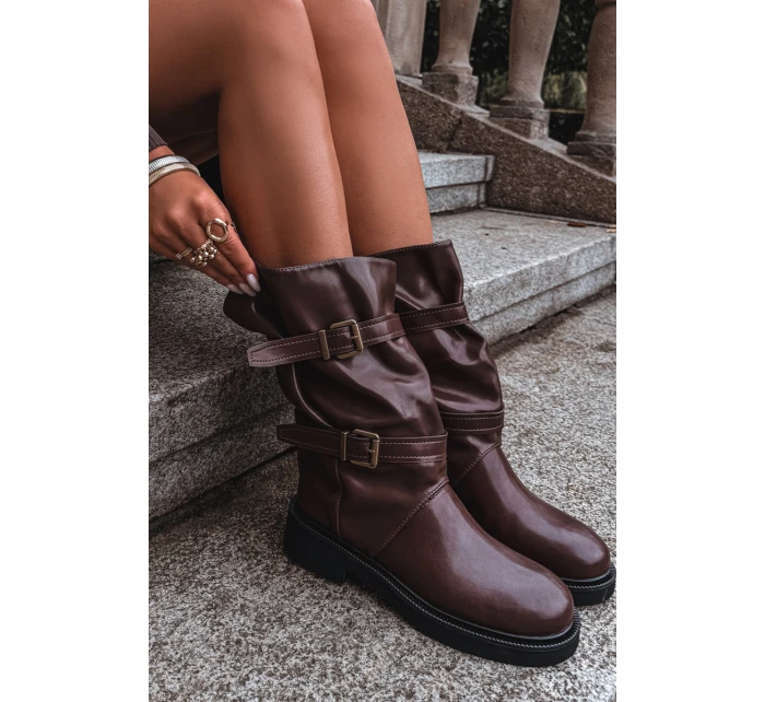 Vlněné dámské kozačky do  s pásky a přezkami hnědé model 21711786 - Boto
