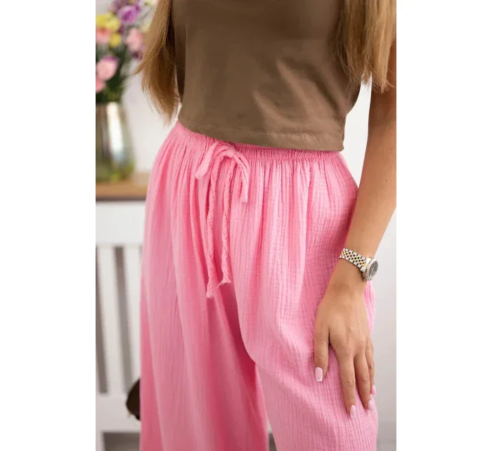 Mušelínové kalhoty se širokou nohavicí světle růžová
