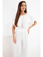 Dámska súprava z viskózy: blúzka s krátkym rukávom a široké nohavice ecru