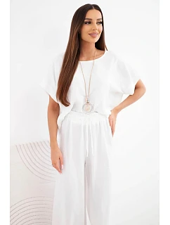 Dámska súprava z viskózy: blúzka s krátkym rukávom a široké nohavice ecru