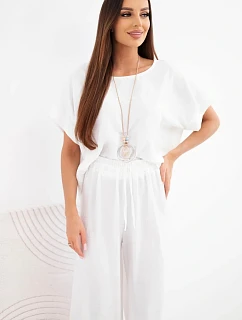 Dámska súprava z viskózy: blúzka s krátkym rukávom a široké nohavice ecru