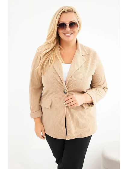 Dámske sako Plus Size z manšestru s klopami a vreckami, farba camelová Dámske sako Plus Size z manšestru s klopami a vreckami, farba camelová