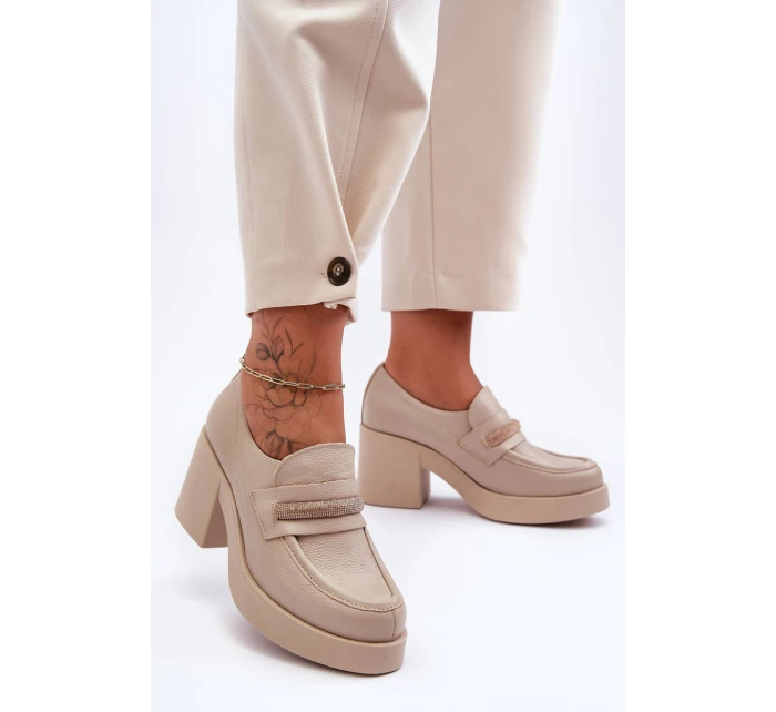 Skórzane Półbuty Na Słupku Z Ozdobą Beżowe Lemar Gelanor Skórzane Półbuty Na Słupku Z Ozdobą Beżowe Lemar Gelanor