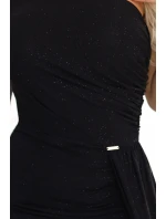 model 21822290 Třpytivé maxi šaty na jedno rameno s asymetrickými rukávy a rozparkem černé - numoco