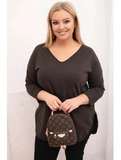 Dámská bavlněná blůza Plus Size s výstřihem do V a ohrnutým rukávem hnědá