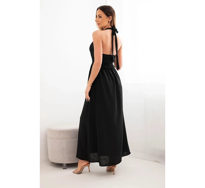 Dámske viskózové maxi šaty viazané za krkom s ozdobnou prackou čierne Dámske viskózové maxi šaty viazané za krkom s ozdobnou prackou čierne