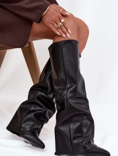 Dámske zateplené čižmy s vyvýšenou manžetou na päte - čierne Elivira