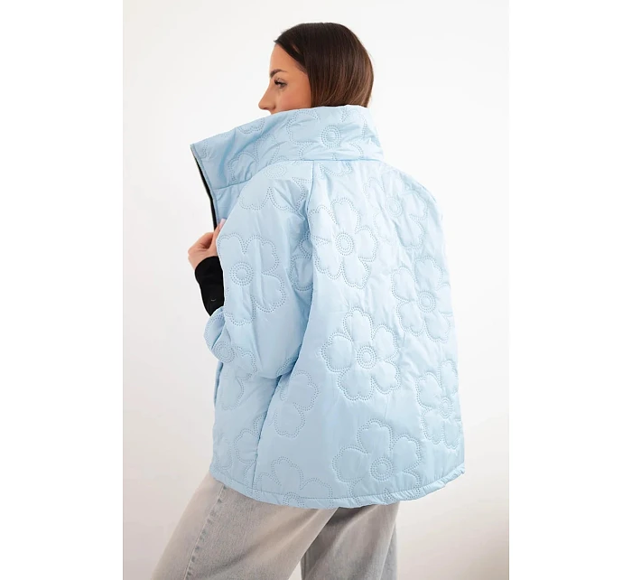 Dámska jarná prešívaná bunda s ozdobným potlačou a zipsom modrá