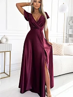 411-10 CRYSTAL saténové dlhé šaty s výstrihom - bordové