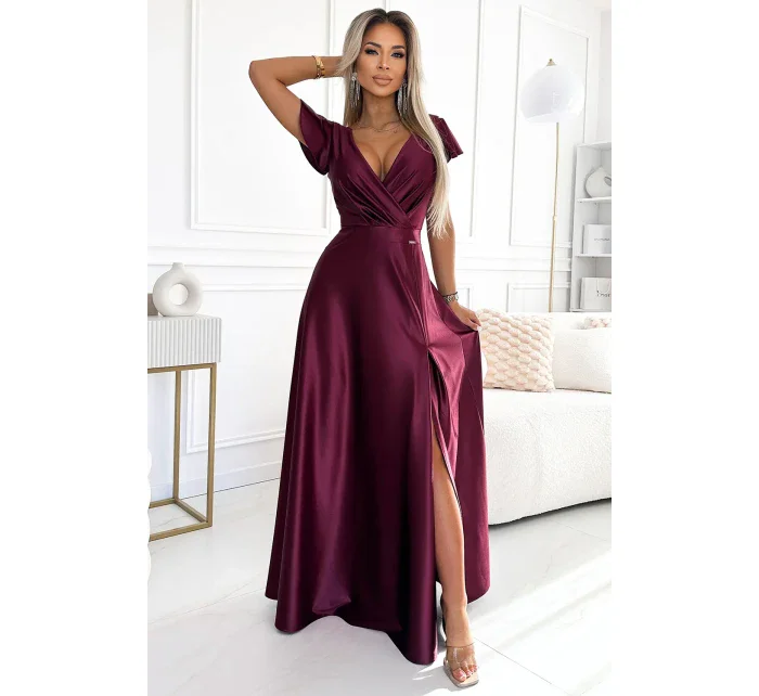 411-10 CRYSTAL saténové dlhé šaty s výstrihom - bordové