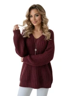 Teplý svetr oversize s vazbou a výstřihem do V vínový model 21820648 - numoco basic