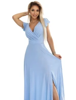 model 21066565 CRYSTAL třpytivé dlouhé šaty s výstřihem MODRÉ s třpytkami - numoco