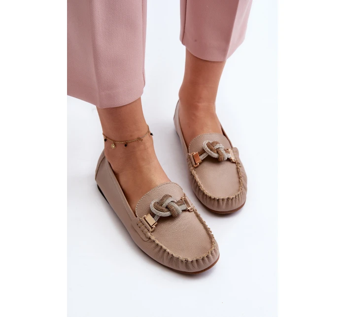 Skórzane Mokasyny Damskie Z Ozdobą Laura Messi 2761 Beżowe
