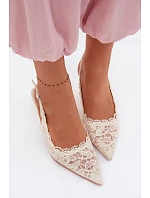 Krajkové Sandály na Podpatku Světle Béžové model 22103019 - Boto