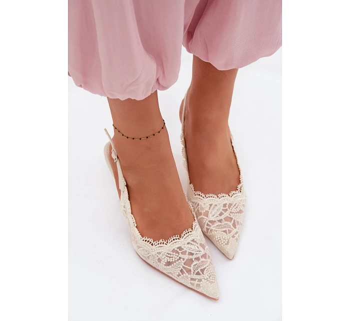 Krajkové Sandály na Podpatku Světle Béžové model 22103019 - Boto