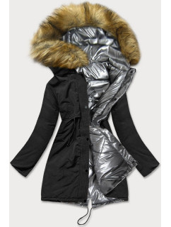 Čierno-strieborná obojstranná dámska zimná bunda (M-136)