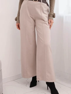 Dámske elegantné nohavice s opaskom a širokými nohavicami béžovej farby