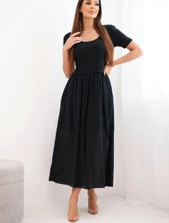 Dámske bavlnené midi šaty s krátkymi rukávmi a rozšírenou spodnou časťou čierne