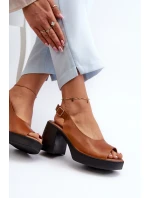 Zazoo 40376 Skórzane Sandały Na Masywnym Obcasie Brązowe