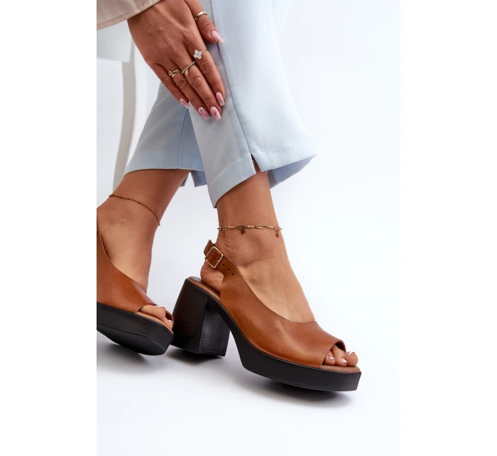 Zazoo 40376 Skórzane Sandały Na Masywnym Obcasie Brązowe