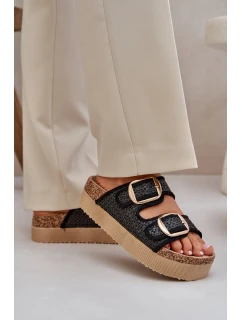 Klapki Z Plecionką I Klamrami Na Masywnej Platformie Czarne Aralissea