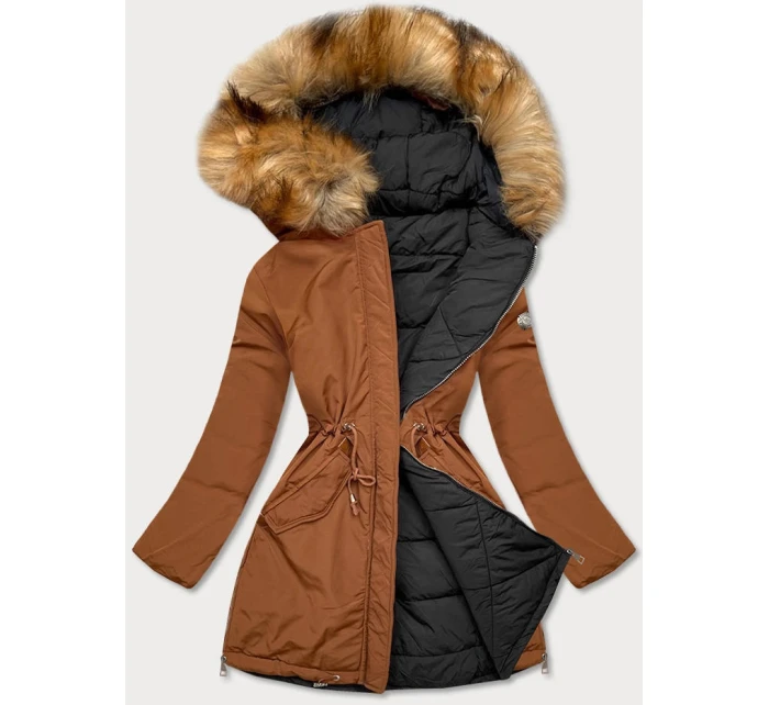 Karamelová čierna obojstranná dámska zimná bunda (m-210a5)