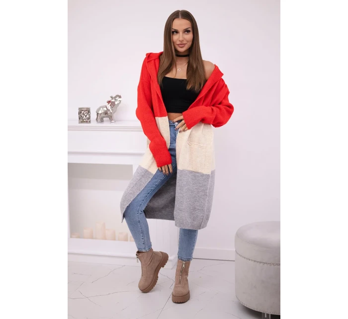 Pruhovaný sveter s kapucňou červený + béžový + sivý