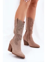 Dámske perforované čižmy v kovbojskom štýle so stĺpcovým podpätkom S.Barski - béžové, ekokoža Dámske perforované čižmy v kovbojskom štýle so stĺpcovým podpätkom S.Barski - béžové, ekokoža